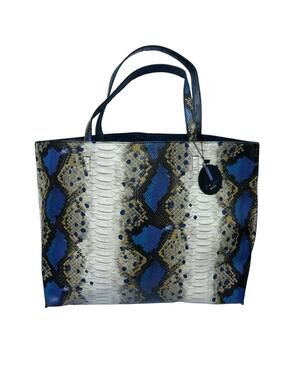 P Luca Milano Snakeskin Print Tote Bag Blue Python Shopper Magnetic Closure